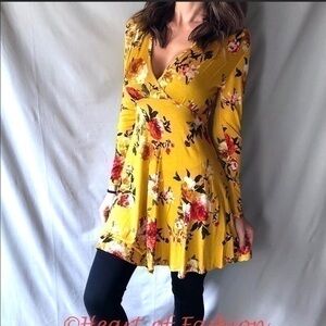Mustard Yellow Floral Print Deep V-Neck Long Sleeve Dress Tunic